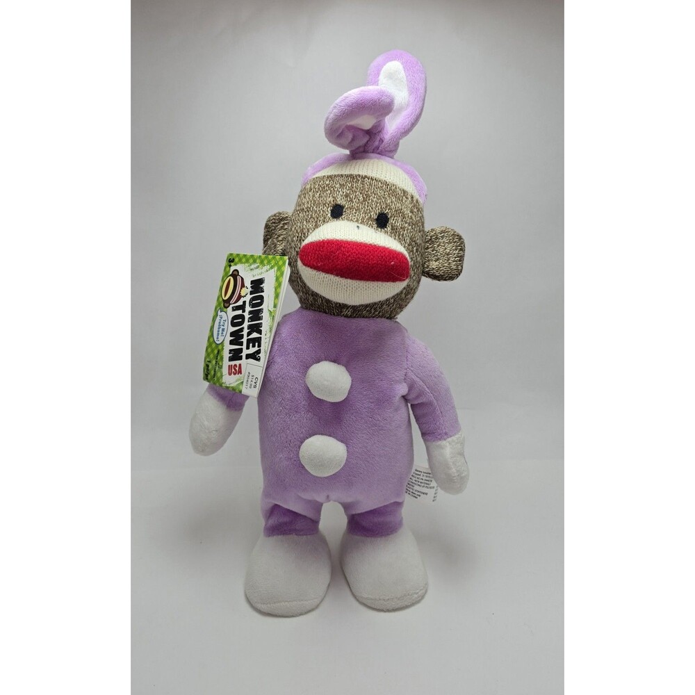 Gemmy Sock Monkey 13" Animated Bunny Plays Here Comes Peter Cottontail Plush